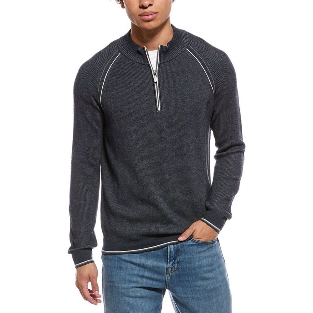 Raffi Mens  English Rib 1/4-Zip Mock Neck Sweater, Blue